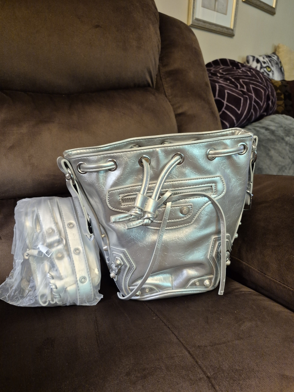 Metallic Silver Drawstring Hobo Bucket Bag